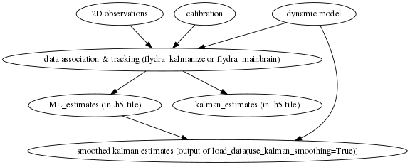digraph G {
  size ="6,4";
  TwoDee -> da;
  cal -> da;
  motion_model -> da;
  da -> ML_estimates;
  da -> kalman_estimates;
  ML_estimates -> smoothed_kalman_estimates;
  motion_model -> smoothed_kalman_estimates;

  da [label="data association & tracking (flydra_kalmanize or flydra_mainbrain)"];
  TwoDee [label="2D observations"];
  cal [label="calibration"];
  motion_model [label="dynamic model"];
  kalman_estimates [label="kalman_estimates (in .h5 file)"];
  ML_estimates [label="ML_estimates (in .h5 file)"];
  smoothed_kalman_estimates [label="smoothed kalman estimates [output of load_data(use_kalman_smoothing=True)]"];
}